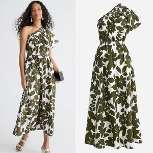J. Crew Smocked Cotton Poplin One Shoulder Maxi Dress in Leafy Floral Size 2X